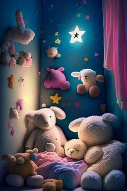 In a cozy child's room, nestled between colorful walls and fluffy pillows, lived a group of enchanting toys who magically came to life each night. Plushie the Sheep, Stardust the Star, Bubbles the Bunny, and Snuggles the Teddy Bear were the best of friends.