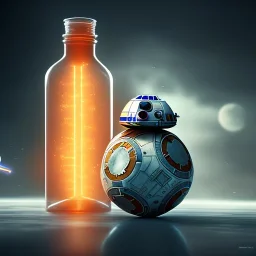 Star wars characters in a bottle floating, super high resolution, professional photograph, in focus, beautiful detail, professional digital art, stunning 4k, volumetric light, Award-winning photograph, photography, tokio background