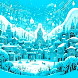 A cyan city in winter season with falling snowflakes designed in African masks