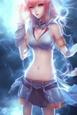 Stunning anime popgirl with striking looks in a stormy background