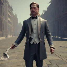 Full body, 3d render, Brad pitt 1800's men style, 1800's hair style, 1800's men clothes style,cleaning house, hyper realistic, octane render, unreal engine 5, 8k, palace background, uhd