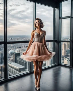 full-body closeup shot of a young, beautiful girl with a perfect face and makeup,wearing pretty dance dress standing in a stage of a luxury disco stage with perfect lights