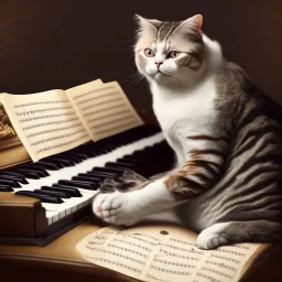 A cat that looks like Wolfgang Amadeus Mozart is playing Piano. Background Music notes are dancing. Immpressionism