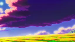 asian village with purple sky full of stars, sunflower field, anime, high res, makoto shinkai