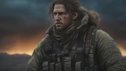 realistic RAW photo, half-length of a man in a post apocalyptic future, thick hair, intricate clothes, military boots, improvised weapon, insanely hyper-realistic, highly detailed textures, skin pores, nose piercing, perfect lighting, photorealism, photo realistic, hard focus, smooth, depth of field, sky with northern lights background, 8K UHD, photo taken by a Sony Alpha 1, 85mm lens, f/1. 4 aperture, 1/500 shutter speed, ISO 100 film, neutral colors, muted colors