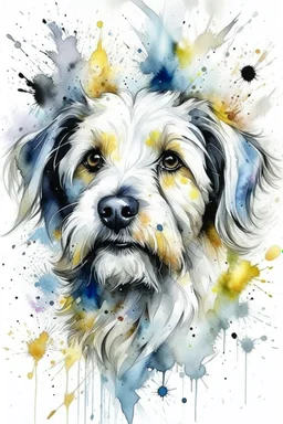 A portrait of a maltese dog by Agnes Cecile, Willem Haenraets, loose watercolour, wet on wet and splattering and dripping techniques, centred, perfect composition, abstraction, grey and cream