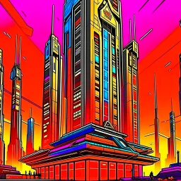 cyberpunk retro futuristic for comics skyscraper from far away in orange