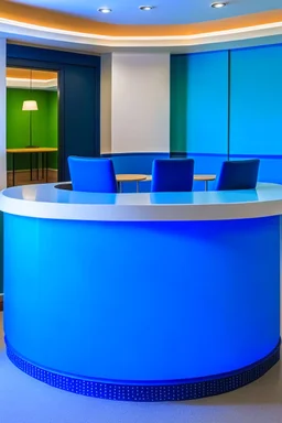 A circular blue reception desk with three chairs