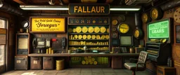 ratty gold coin beurau in the style of Fallout 4 and Cyberpunk and GTA5
