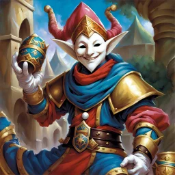 fantasy 90's tcg art jester with white mask happy heroic