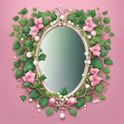 Create an Artwork of a Mirror with ivy branches and pearls necklace, Like a creative Logo for a Varasity Jacket to put a random number uin it, Vector illustration. Colors should be pink and green