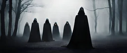 В призрачном тумане стоят жуткие фигуры в черных мантиях на черном фоне