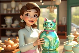 3D video game character elegant young woman enthusiastically and cheerfully buying an iridescent green china cat in the china shop in sunshine