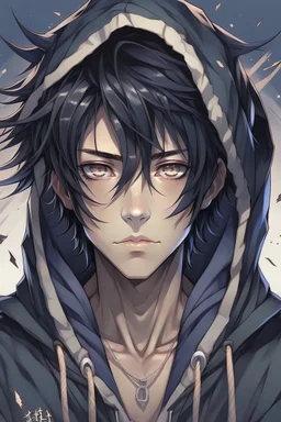 Anime man in hood messy black hair realistic feathera