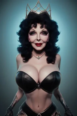 Joan Collins as evil queen in black leather, leather, busty, cleavage, angry, stern look. character design by cory loftis, fenghua zhong, ryohei hase, ismail inceoglu and ruan jia. unreal engine 5, artistic lighting, highly detailed, photorealistic, fantasy