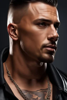 portrait of a 35 year old Handsome muscular male leader with lightly tanned skin and tattoos. Dark hair cut short and a goatee beard. photorealistic