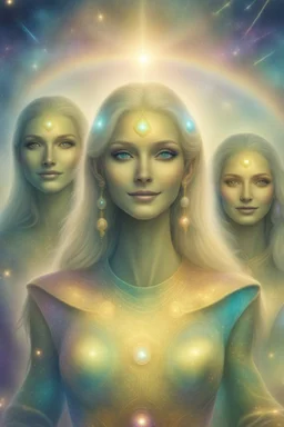 cosmic woman,ambiance bleu,beautiful ufos rainbow, admiral from the future, galactic confédération, fine whole face, crystalline skin, expressive purple eyes,rainbow, smiling lips, very nice smile, costume pleiadian, Beautiful tall woman pleiadian Galactic commander, ship, perfect datailed golden galactic suit, high rank, long blond hair, hand whit five perfect detailed finger, amazing big puple eyes, mouth, high définition lips, cosmic happiness, bright colors,smile