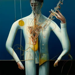 Abstract painting formed by a mix of human flesh-like surgical instruments and universe-like musical instruments,neuralink,minimalism,Painting By Adrian Ghenie, Rene Magritte, Salvador Dali, Lucian Freud