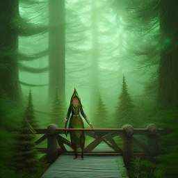 portrait of slender green elf on wooden bridge in magical forest, torches, spray painting, foliage frame, fantasy art book illustration