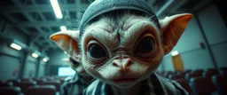 extreme close up on cheeky fluffy weasel goblin alien prison guard news anchor elf family scumbag in the style of Escher and Giger and Fallout 4, pinhole cam, airbrush 3d rendering, on tv screen:A five-second cinematic single take in a clean industrial presentation hall.