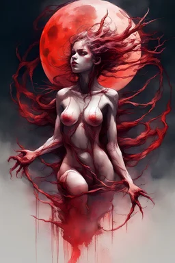 A dramatic digital painting portraying a figure under the Red Moon, veins pulsing, claws of temptation visible, soul in turmoil. In the style of Giger, vivid colors, swirling brushstrokes, highly detailed, 8k resolution, surrealistic., by Ryohei Hase, Agnes Cecile, Raymond Swanland, Anne Bachelie