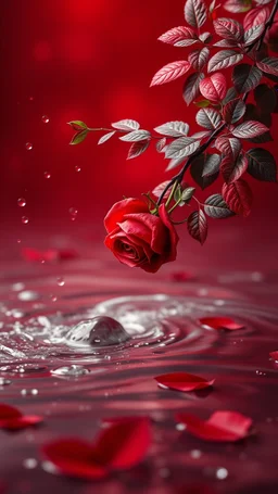 The image is a digital artwork that depicts a branch of tree of Red roses and red leaves tangling in to a water in the river with aThe rose floats on the surface of the water, creating a wave-like effect. The background is red , which makes a branch of a tree of red roses stand out even more. Water droplets are scattered adding to the dreamy, ethereal quality of the image.all leaves and background are red