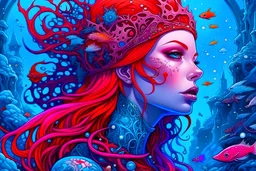 Works by Kraola, Dan Mumford, Dorian Vallejo, Damian Lechoshesta, traditional Slavic fantasy, the best quality of anatomy, a beautiful red-haired woman. enclosed in an ice cube, a look through the thickness of ice, artgerm magic everywhere, coral, cyanide, crimson, FADING PINK, flashes of golden sparks, blue mist, the core of magic, beauty dynamic posture, tragedy, the core of magic, 8k