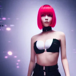 Cyberpunk graphics, android beautiful woman soldier, blue eye ball, red short hair, fine face, smile pink lip, girl ears, sexy petite body, white skin, wearing fit fully metal uniform, urban place background