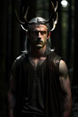 A mysterious portrait of a teen boy a with elegant antlers standing amongst a tall trees in a dark forest, pale skin, lustrous silver hair, very long hair, lean and athletic, wearing a leather vest, no shirt, no sleeves, dark background, glowing light from side, delicate line work, intricate details, high resolution,