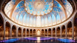 futuristic fantastic symmetrical circular cathedral interior view, year 2060, night, beautiful, colorful, totally symmetrical design, style Shigeru Ban, cosmic innovative architecture, award-winning photograph, awesome, serene, inspiring, spiritual, impressive, cinematic lighting, epic composition, photorealism, very high detail, Unreal Engine, Octane render, HDR