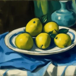 Lemons on a table with a blue napkin, impressionnist oil on canvas by Paul Cézanne,