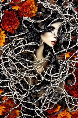 abstract creation of a beautiful woman with black curly hair, surrounded by black roses, thick metal chain broken, glass petals on the ground, autumn colours,dried out thorn bush, chaos,