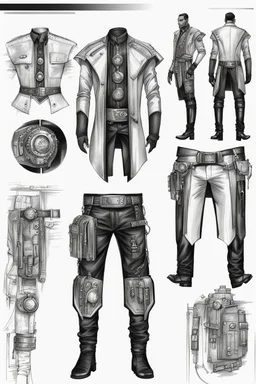 fashion illustration, sketches, futuristic man fashion, microchip designe shirt, black leather pant with silver accessories and belt buckle, steampunk and cyberpunk mixed style, sci-fi fashion style