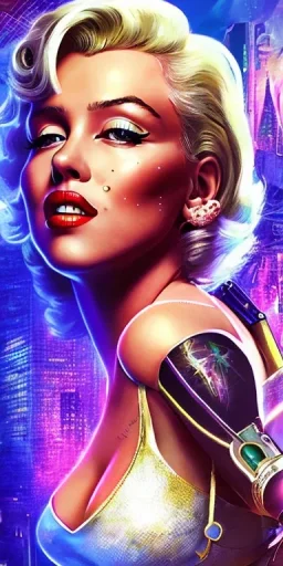 Marilyn Monroe, smokes a cigarette, cyberpunk2077, photorealistic illustration, 4k