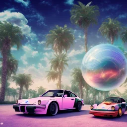 1980's aesthetic vaporwave palm trees and spheres and Porsche with lightning