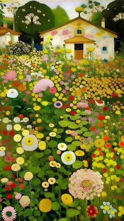 A garden filled with swirling flowers painted by Gustav Klimt