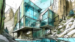 Modern house embedded in an urban mountain, fragmented architecture emerging like broken geological layers, interiors visible through structural cuts, constant rain creating distorted reflections, conceptual architectural illustration style like organic sci-fi Steven Holl.