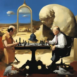 Putin, President Xi Of China And Joe Biden Play Chess With A Pigeon,Ufo And Atomic Bomb Mushroom Cloud,Complex Surgical Instruments Intermixed With A Newborn Boy,Minimalism,Painting By Adrian Ghenie,Rene Magritte,Pablo Picasso,Michelangelo,Salvador Dali,Lucian Freud