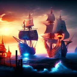 Fantasy pirates city, cove, dock, night, large,