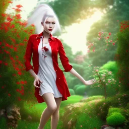 young lady walk in garden with red shirt and white hair