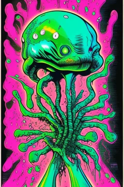 Vintage illustration of a slimey silver chrome brain melting, mercury liquid dripping, metal chrome colors, cartoonist animation style, hand drawn, neon lighting, gross art, pop punk, 90s anime inspired, airbrushing, post modern, horror cut, gradient chrome abberations, retro weird drawings, alien brain matter, blood spatter , scifi punk