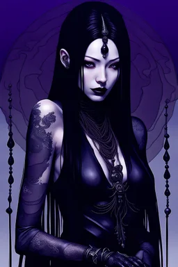 a woman with dark purple-black long hair and black tattoos on her body, a cold, indifferent expression, silver and black onyx jewelry, black lace dress, cybernetics, crepy stunning anthropomorphic female, Minjae Lee vibe, cbybernetic and etheral human, ancient deity, by Vincent Lefevre and Yoshitaka Amano, stunning 3d