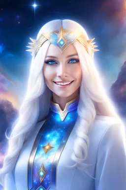 cosmic woman smile,galactic fédération, admiral from the future, one fine whole face, crystalline skin, expressive blue eyes,rainbow, smiling lips, very nice smile, costume pleiadian, Beautiful tall woman pleiadian Galactic commander, ship, perfect datailed golden galactic suit, high rank, long blond hair, hand whit five perfect detailed finger, amazing big blue eyes, smilling mouth, high drfinition lips, cosmic happiness, bright colors, blue, pink, gold, jewels, realist, high,ufo rainbow