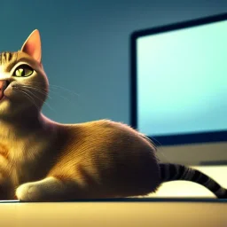 cat on computer playing video games, 8k resolution, fine-detail, high-quality, intricate, matte detailed, 3D, octane render, digital art, Dreamworks art, Pixar Art