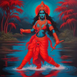 An oil painting of goddess Kali crossing a lake, neon red colors, side angle