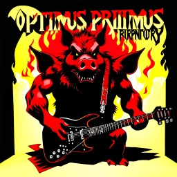make a Album cover, death metal, and a big evil swine with guitar, the band name is Optimus Primus, burning factory in background