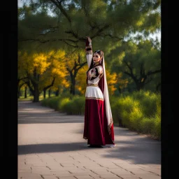 azeri female full bdy with traditional dance clothing park trees