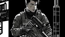 A strong teenage boy, wearing black tactical gear, works in a top secret Mobile Task Force Alpha-1 from SCP Foundation.