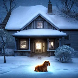 portrait of sad, scared, lonely dog tied with a short leash in front of house, winter, 8k resolution, high-quality, fine-detail, intricate, digital art, detailed matte, volumetric lighting, illustration, 3D octane render, brian froud, howard lyon, selina french, anna dittmann, annie stokes, lisa parker, greg rutowski