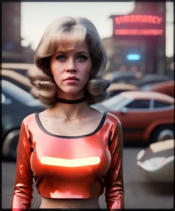 Ultra Realistic retro sci-fi movie Supermarket parking people scene, 1960 year, waist up view portrait, 2 clones blonde women, sweet teenager Jane Fonda face, perfect iris, glow eyes, face makeup, tight latex coat. many people looking, Retro sci-fi style, soft color, highly detailed, unreal engine 5, ray tracing, RTX, lumen lighting, ultra detail, volumetric lighting, 3d, finely drawn, high definition, high resolution.